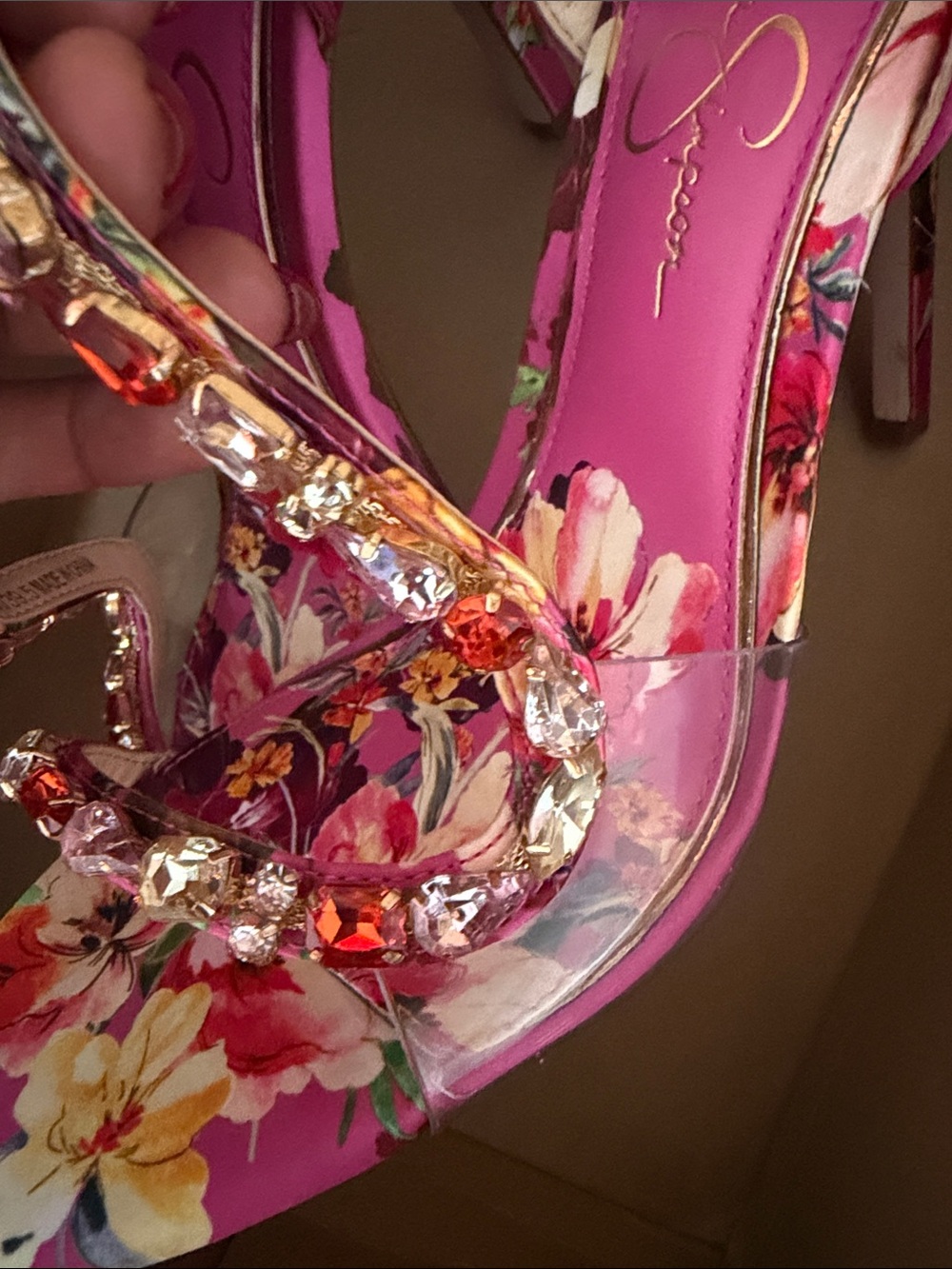 Pink Floral Crystal T-Strap Stiletto Sandals - Picture 7 of 11